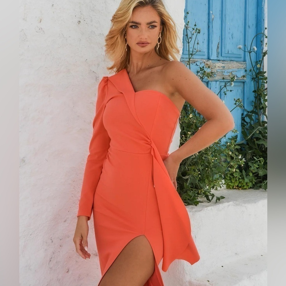 Womens Dresses | Coral One Shoulder Scuba Crepe Midi Dress - Picture 5 of 11